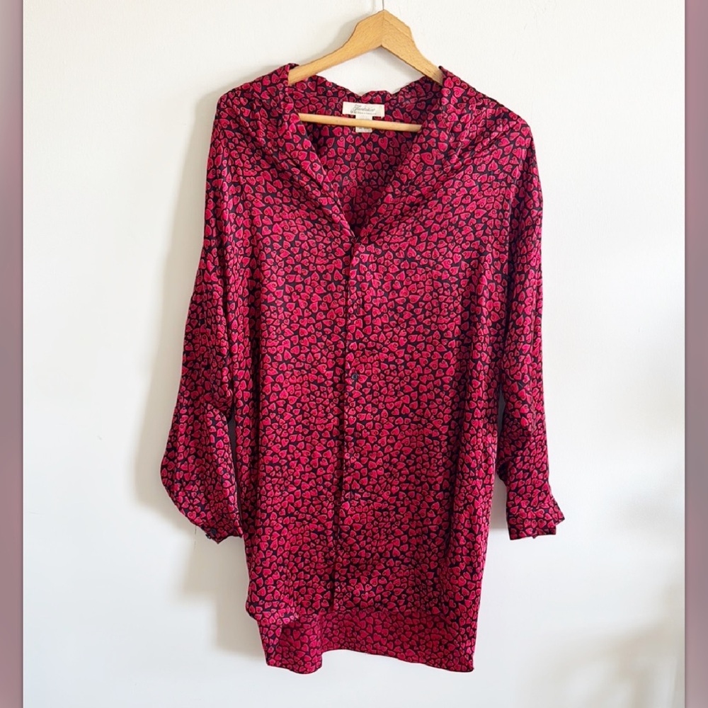 Vintage 90s silk Fantasies Morgan Taylor heart print red tunic sleep shirt sz S